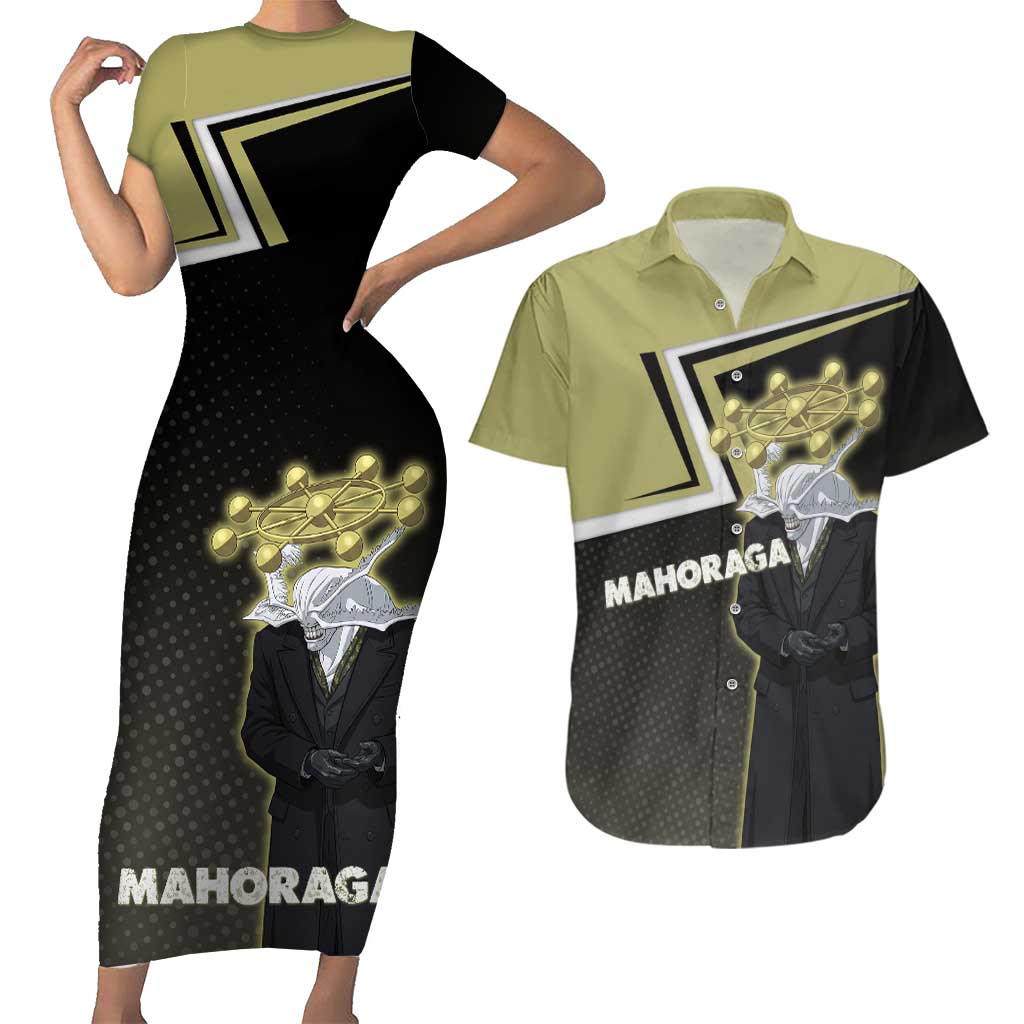 Mahoraga Jujutsu Kaisen Couples Matching Short Sleeve Bodycon Dress and Hawaiian Shirt Monochrome Urban Manga Style