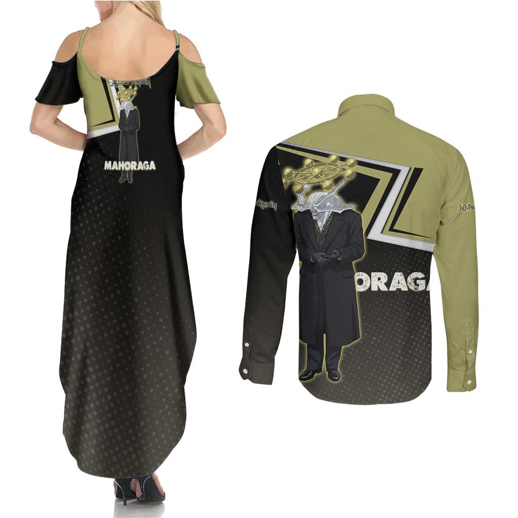 Mahoraga Jujutsu Kaisen Couples Matching Summer Maxi Dress and Long Sleeve Button Shirt Monochrome Urban Manga Style