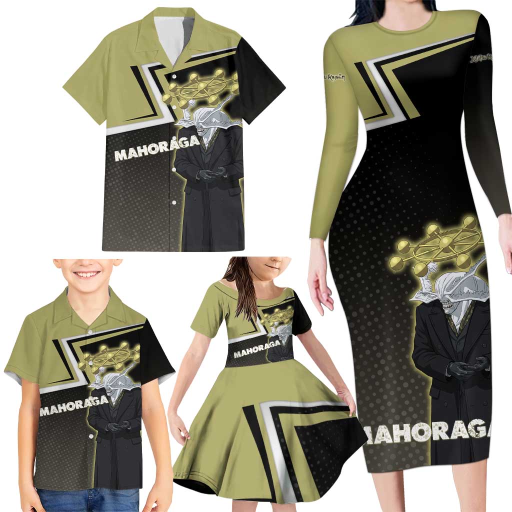 Mahoraga Jujutsu Kaisen Family Matching Long Sleeve Bodycon Dress and Hawaiian Shirt Monochrome Urban Manga Style