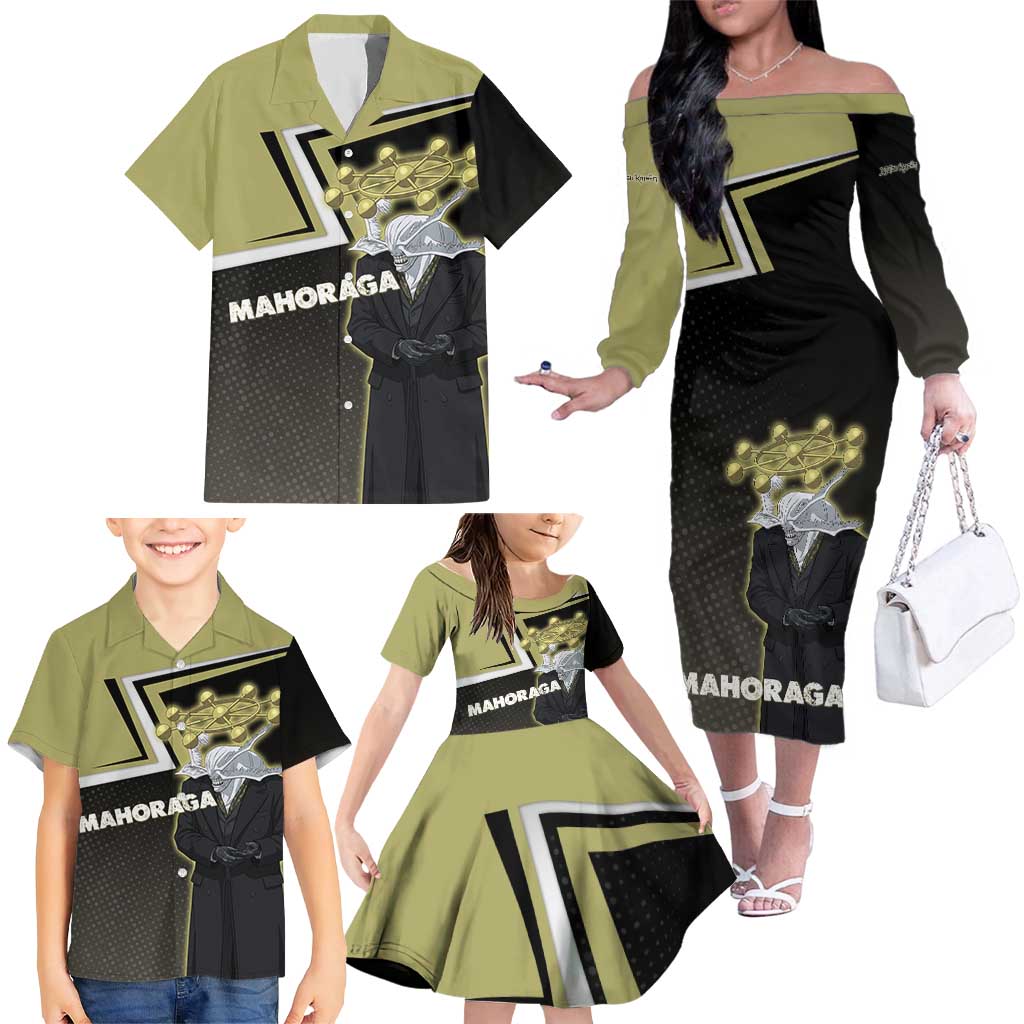 Mahoraga Jujutsu Kaisen Family Matching Off The Shoulder Long Sleeve Dress and Hawaiian Shirt Monochrome Urban Manga Style