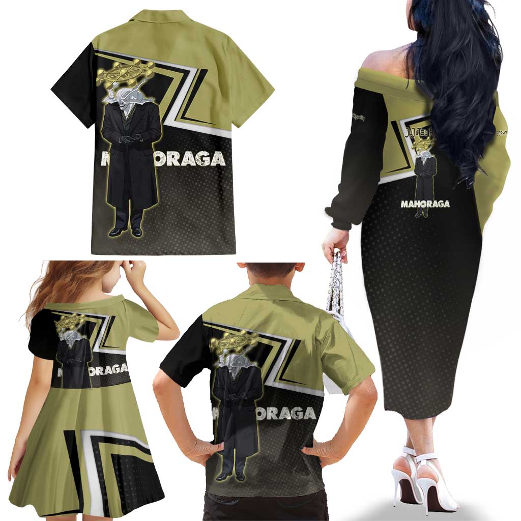 Mahoraga Jujutsu Kaisen Family Matching Off The Shoulder Long Sleeve Dress and Hawaiian Shirt Monochrome Urban Manga Style