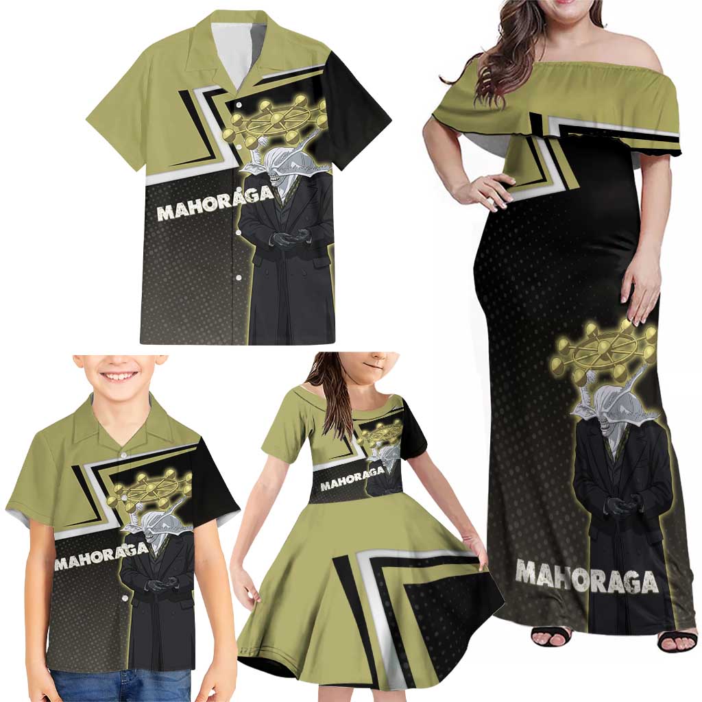 Mahoraga Jujutsu Kaisen Family Matching Off Shoulder Maxi Dress and Hawaiian Shirt Monochrome Urban Manga Style