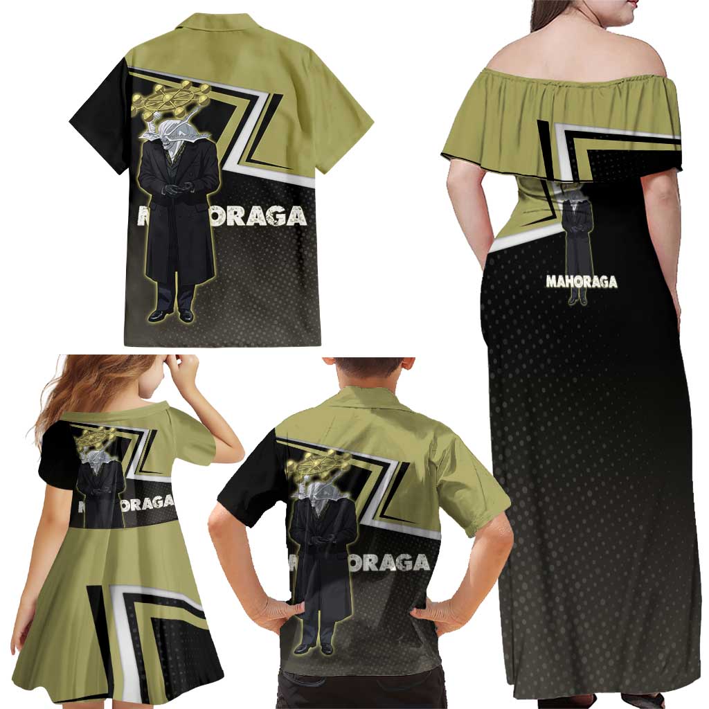 Mahoraga Jujutsu Kaisen Family Matching Off Shoulder Maxi Dress and Hawaiian Shirt Monochrome Urban Manga Style
