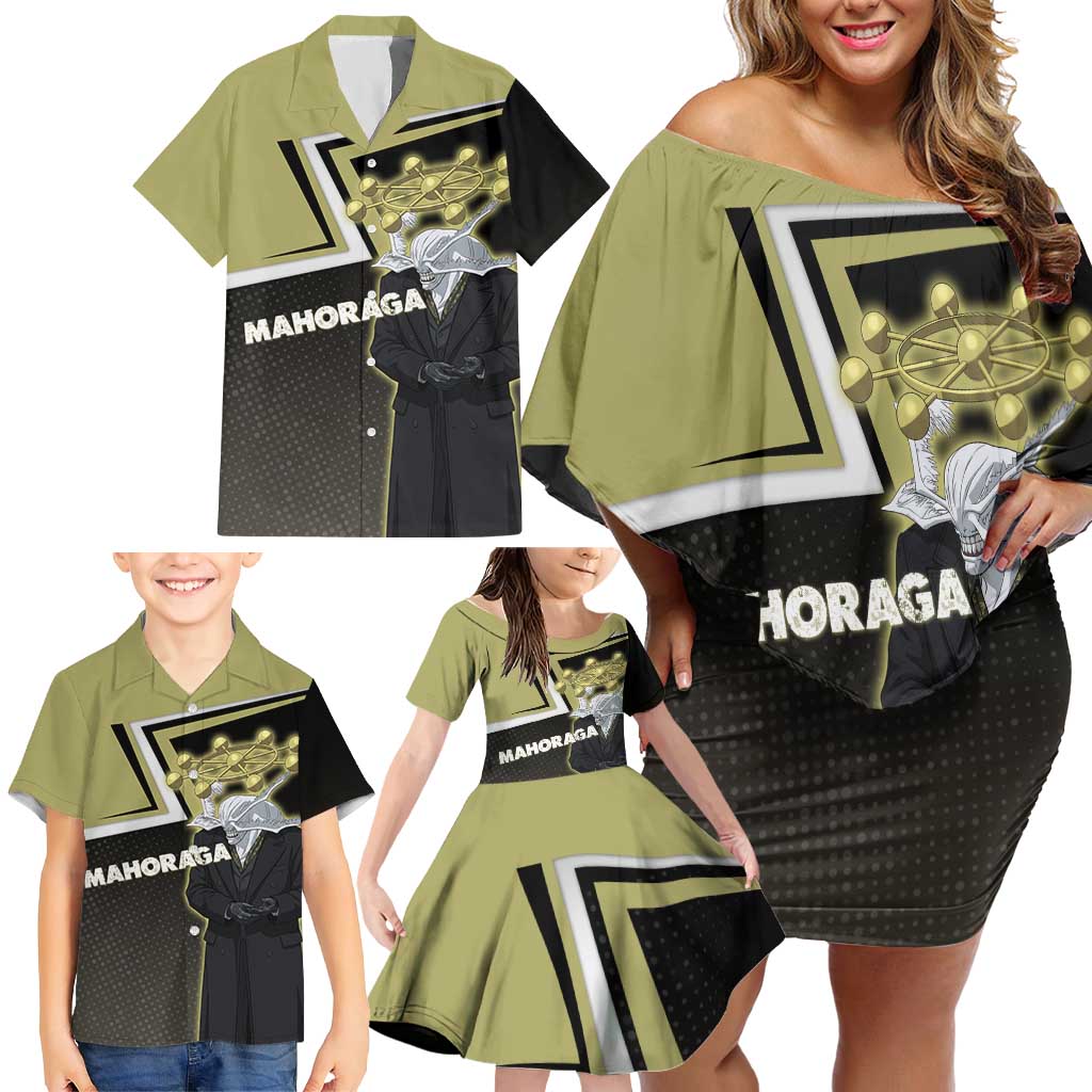Mahoraga Jujutsu Kaisen Family Matching Off Shoulder Short Dress and Hawaiian Shirt Monochrome Urban Manga Style