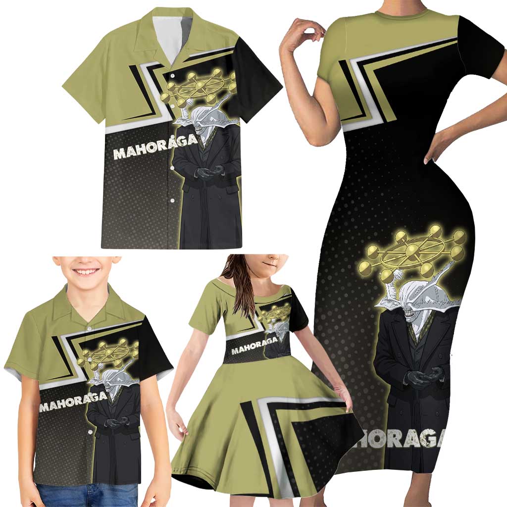 Mahoraga Jujutsu Kaisen Family Matching Short Sleeve Bodycon Dress and Hawaiian Shirt Monochrome Urban Manga Style
