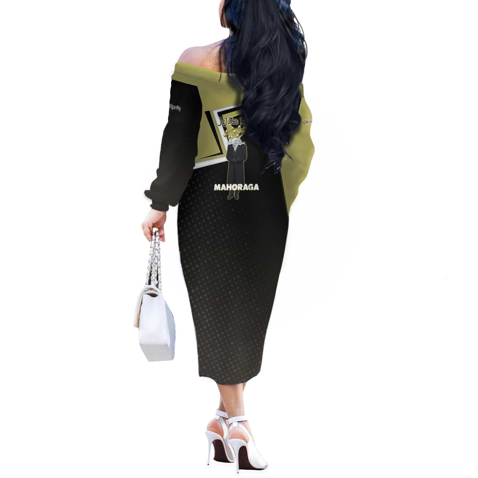 Mahoraga Jujutsu Kaisen Off The Shoulder Long Sleeve Dress Monochrome Urban Manga Style