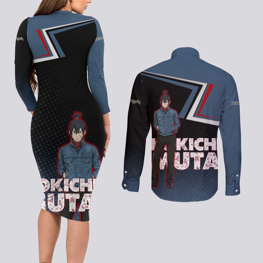Kokichi Muta Couples Matching Long Sleeve Bodycon Dress and Long Sleeve Button Shirt Bold Anime Graphic Style