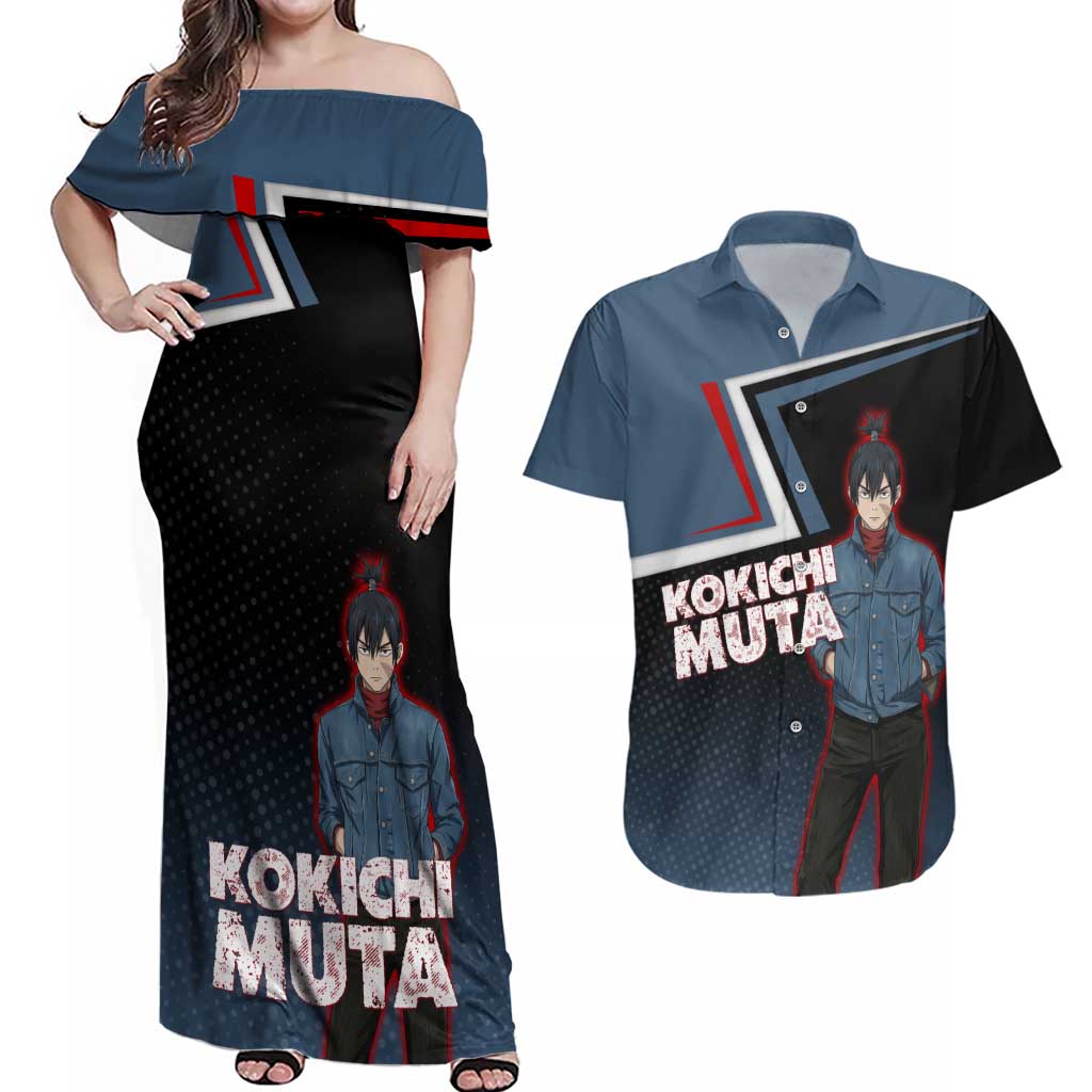 Kokichi Muta Couples Matching Off Shoulder Maxi Dress and Hawaiian Shirt Bold Anime Graphic Style