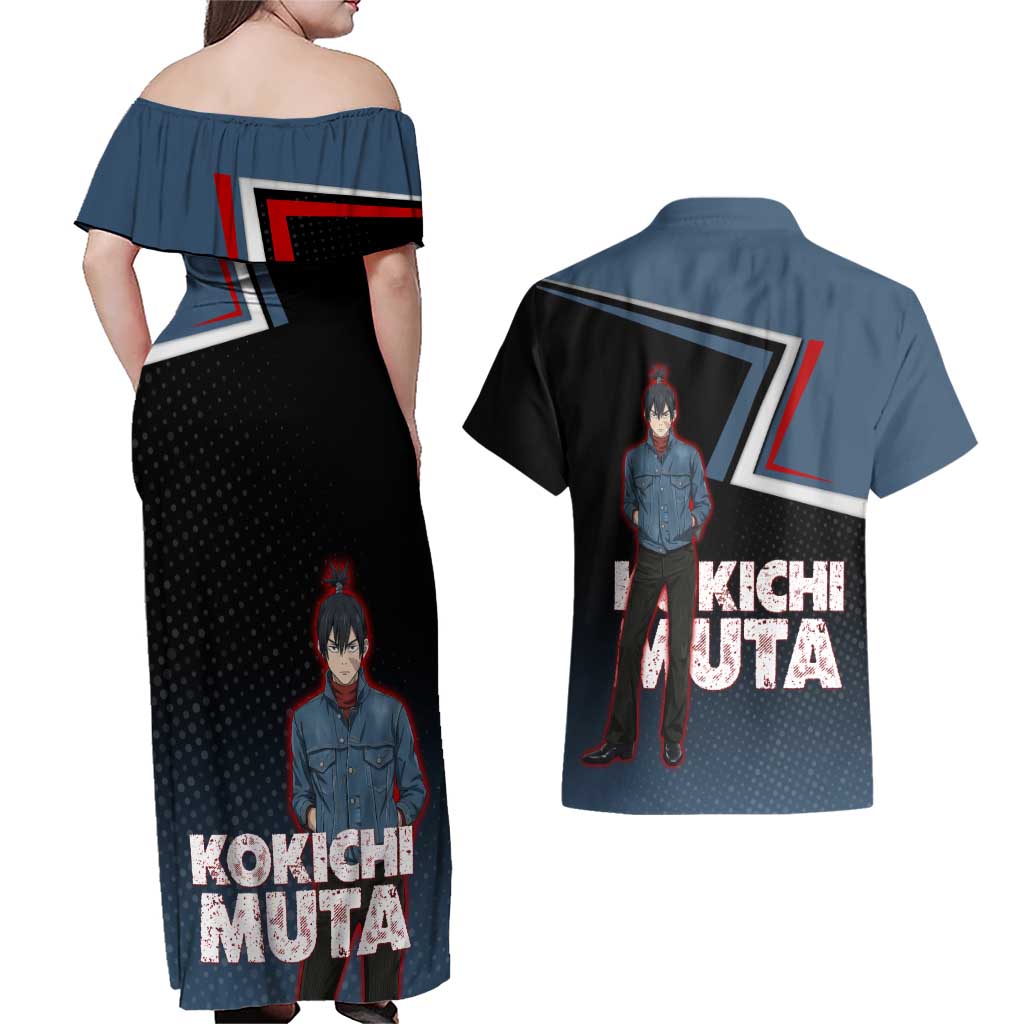 Kokichi Muta Couples Matching Off Shoulder Maxi Dress and Hawaiian Shirt Bold Anime Graphic Style