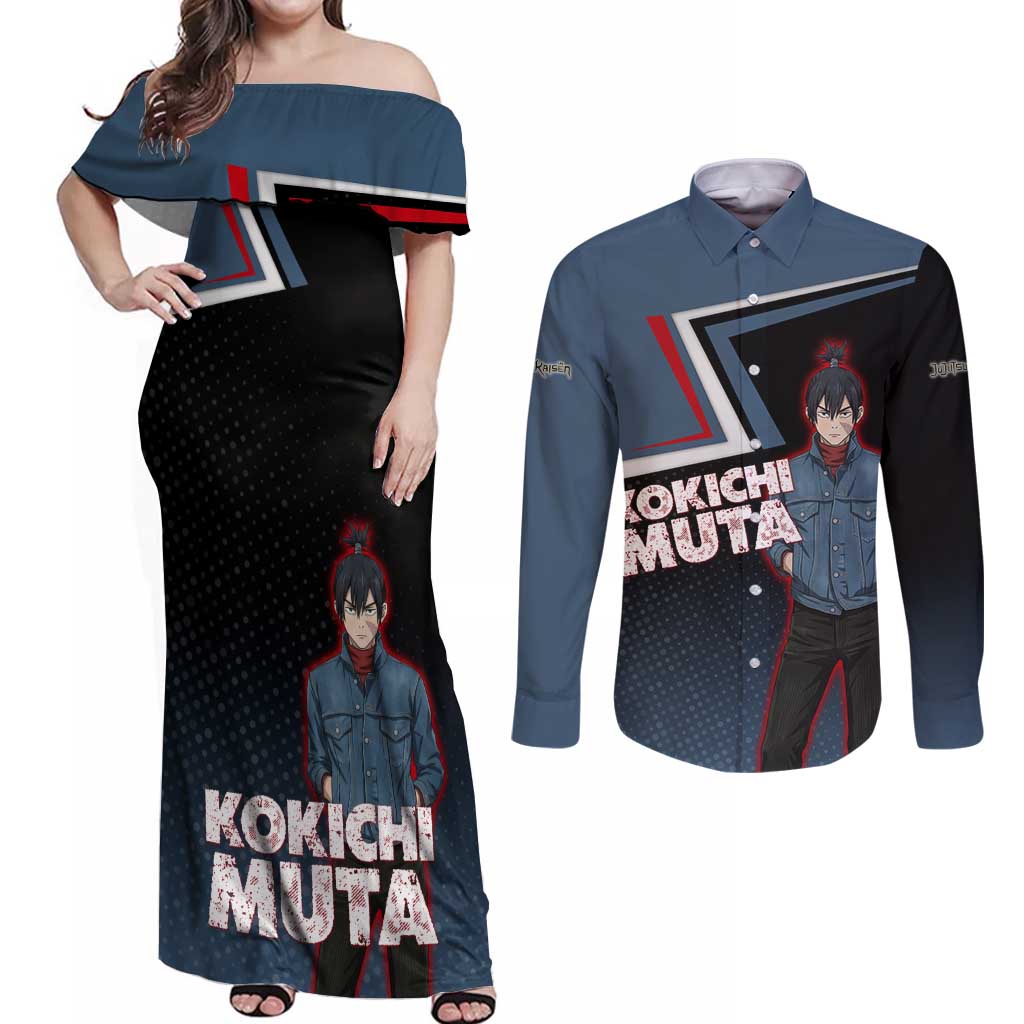 Kokichi Muta Couples Matching Off Shoulder Maxi Dress and Long Sleeve Button Shirt Bold Anime Graphic Style