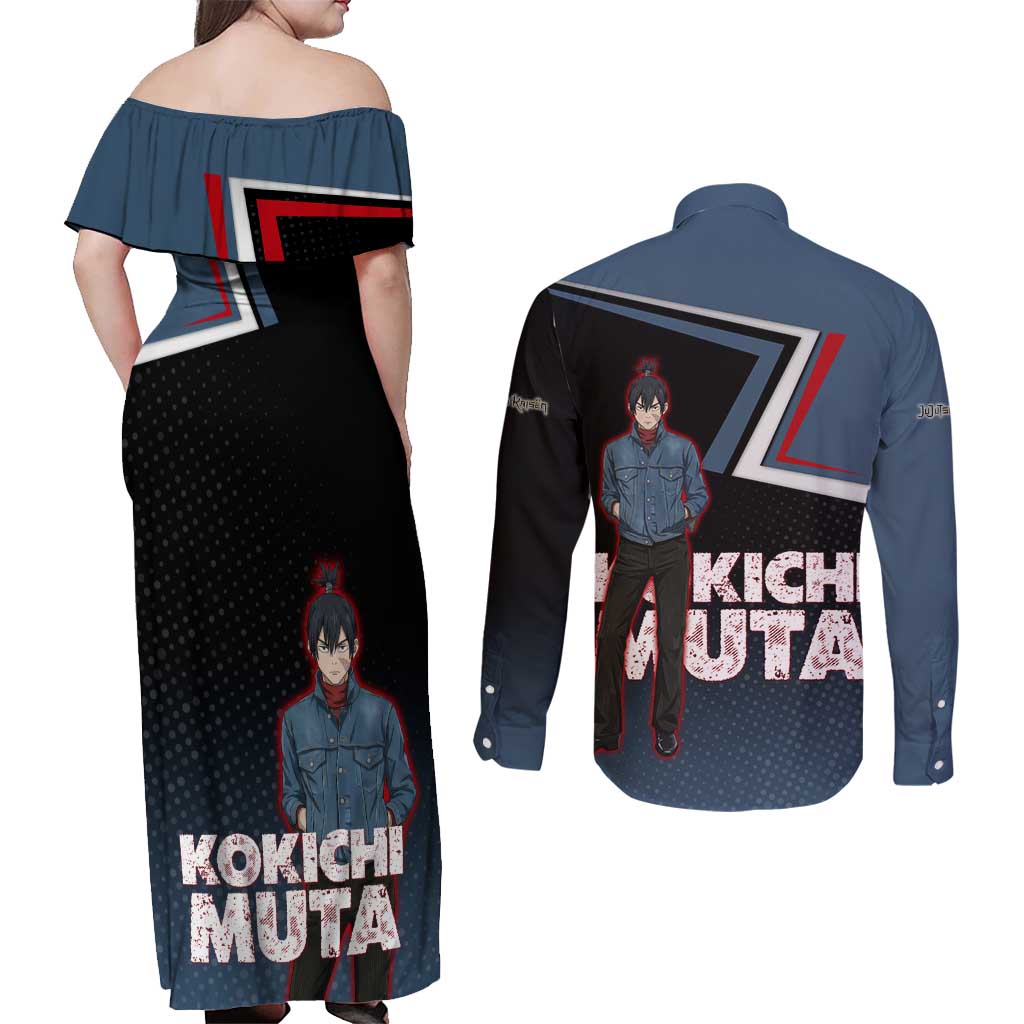 Kokichi Muta Couples Matching Off Shoulder Maxi Dress and Long Sleeve Button Shirt Bold Anime Graphic Style