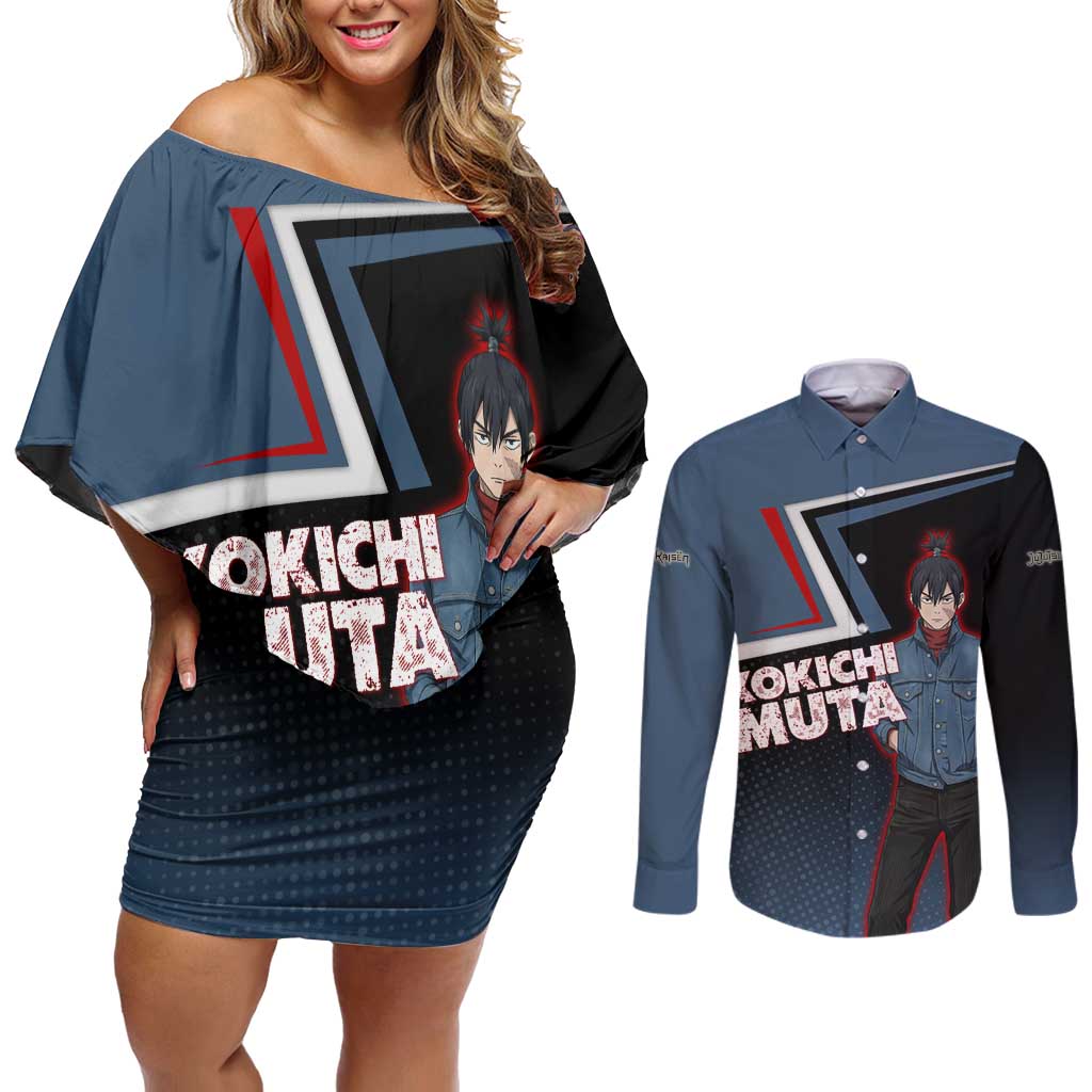 Kokichi Muta Couples Matching Off Shoulder Short Dress and Long Sleeve Button Shirt Bold Anime Graphic Style