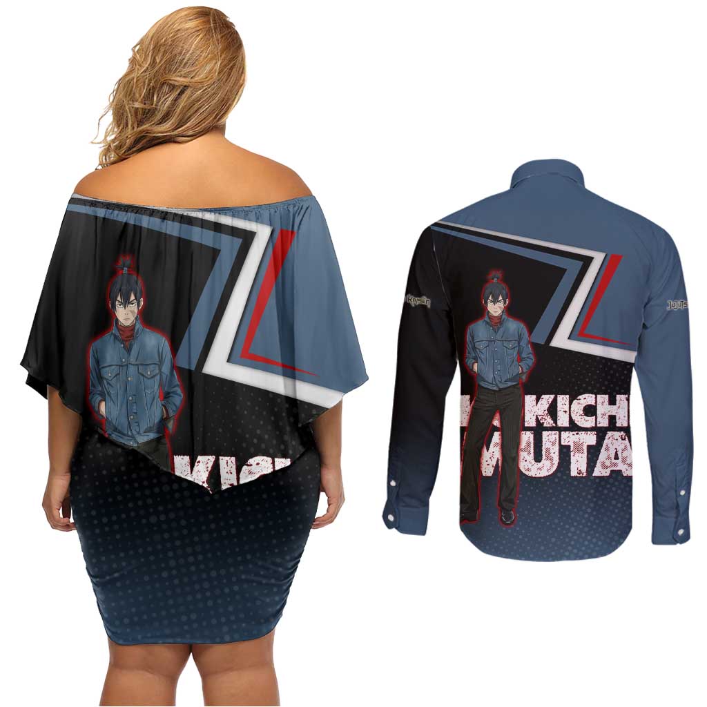 Kokichi Muta Couples Matching Off Shoulder Short Dress and Long Sleeve Button Shirt Bold Anime Graphic Style