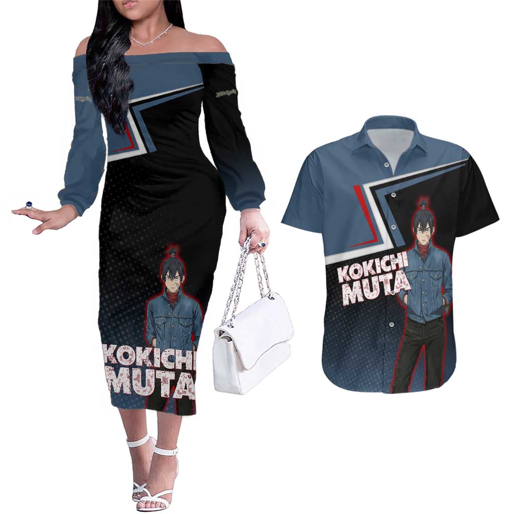 Kokichi Muta Couples Matching Off The Shoulder Long Sleeve Dress and Hawaiian Shirt Bold Anime Graphic Style