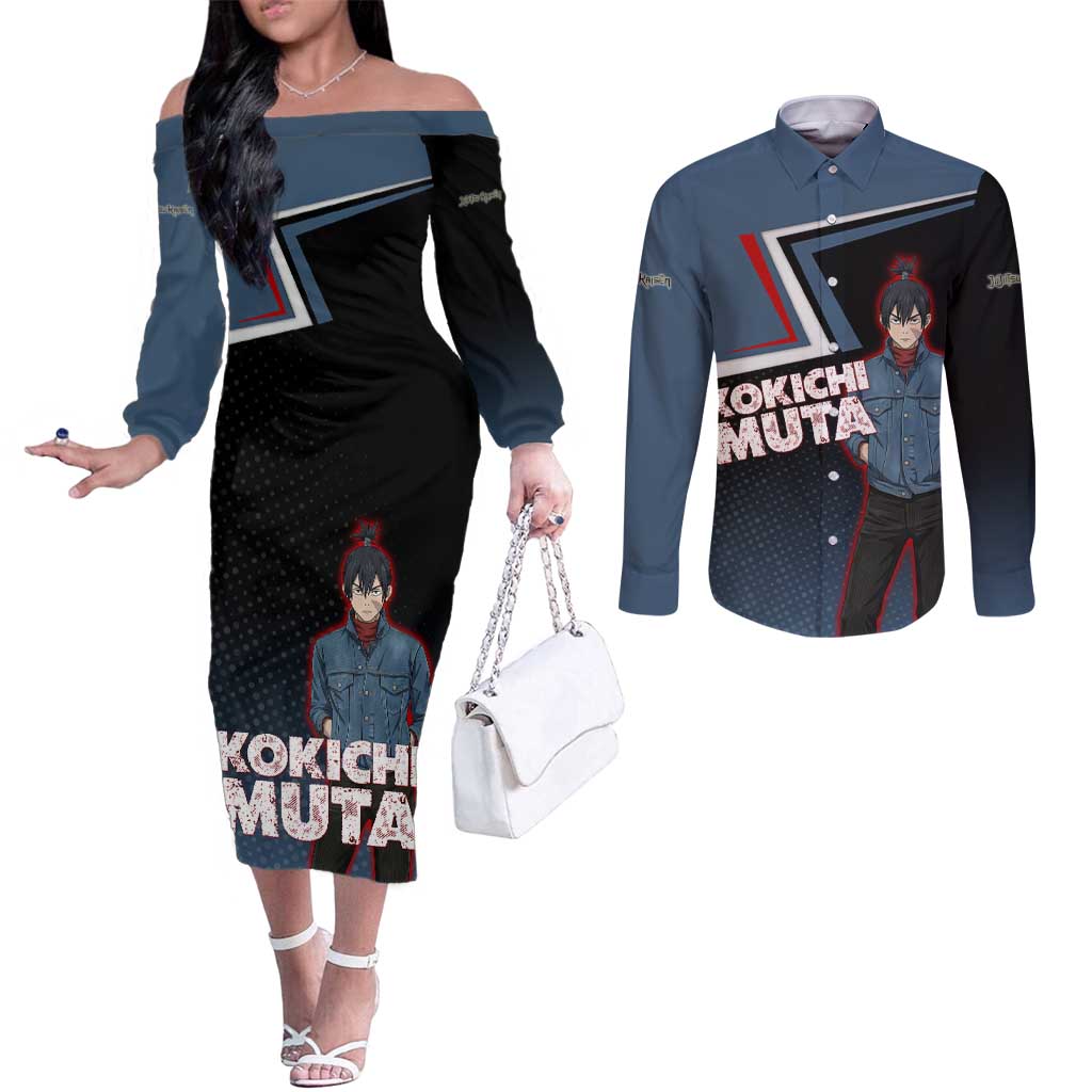 Kokichi Muta Couples Matching Off The Shoulder Long Sleeve Dress and Long Sleeve Button Shirt Bold Anime Graphic Style