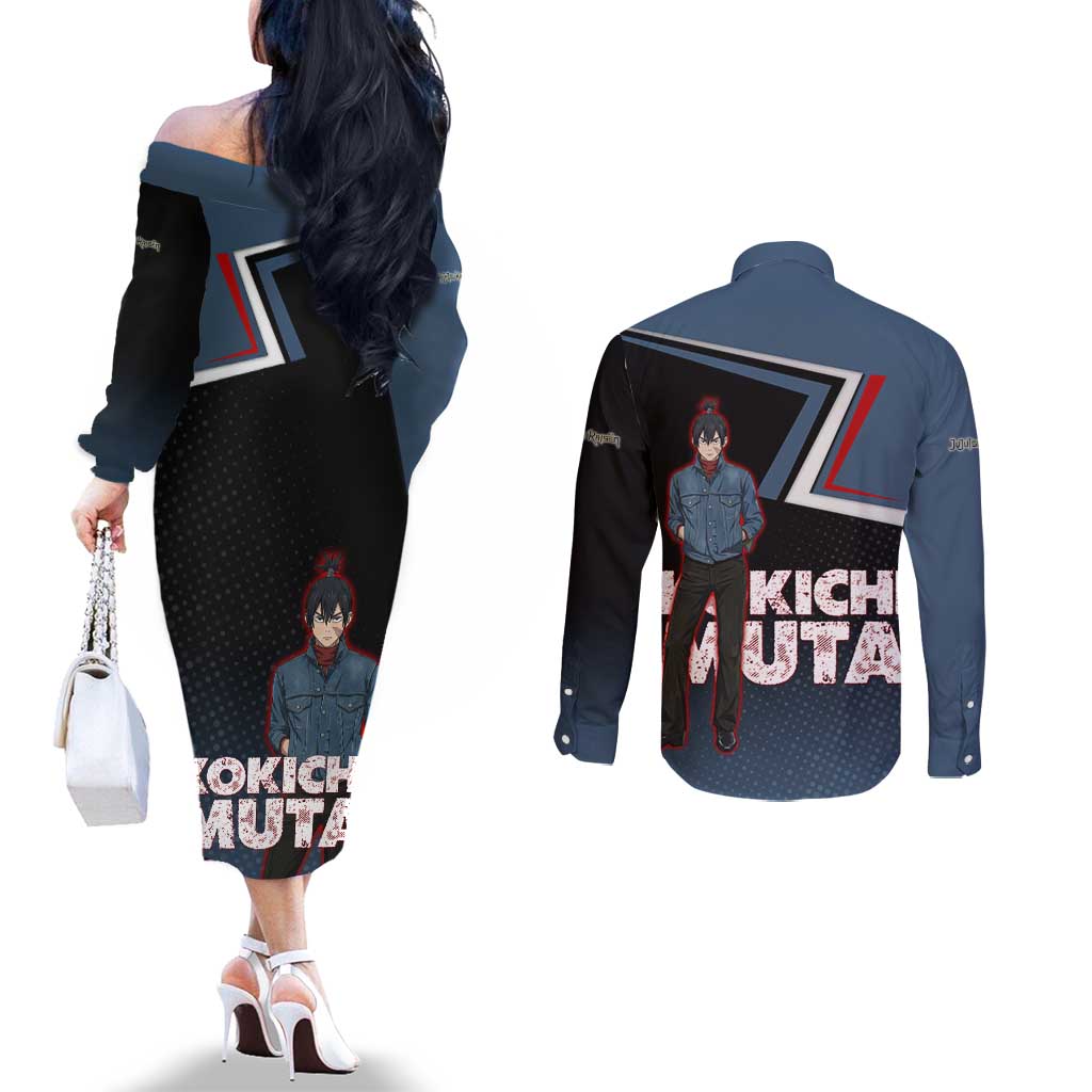 Kokichi Muta Couples Matching Off The Shoulder Long Sleeve Dress and Long Sleeve Button Shirt Bold Anime Graphic Style