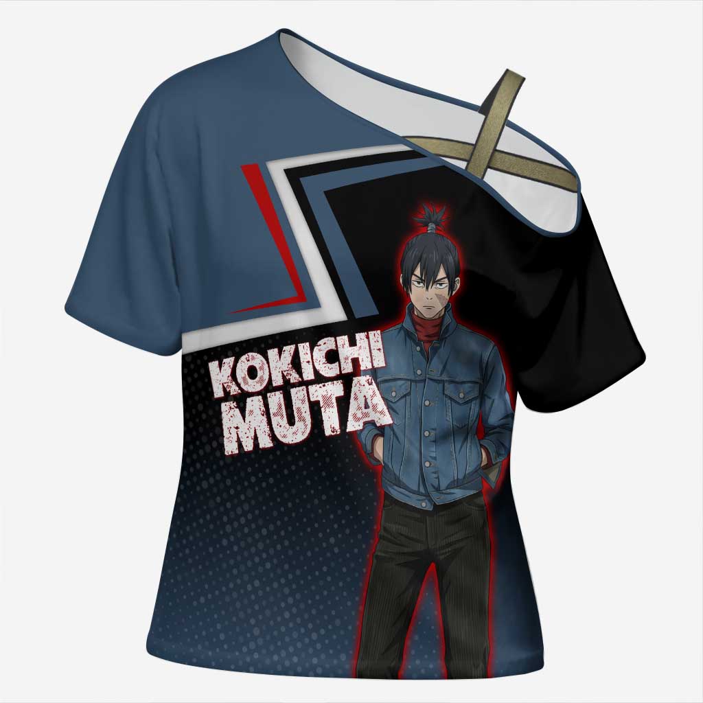 Kokichi Muta Cross Shoulder Shirt Bold Anime Graphic Style