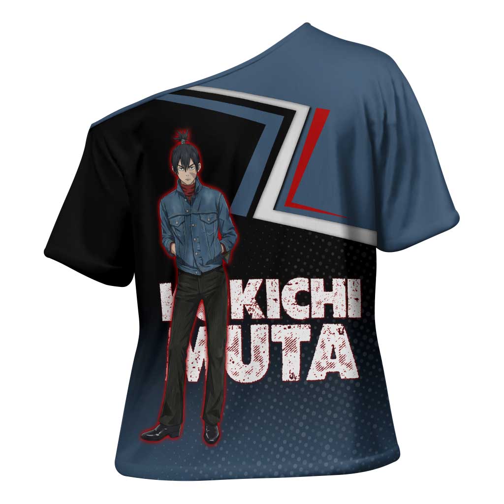 Kokichi Muta Cross Shoulder Shirt Bold Anime Graphic Style