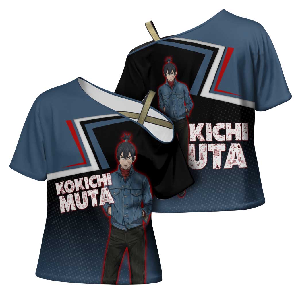 Kokichi Muta Cross Shoulder Shirt Bold Anime Graphic Style