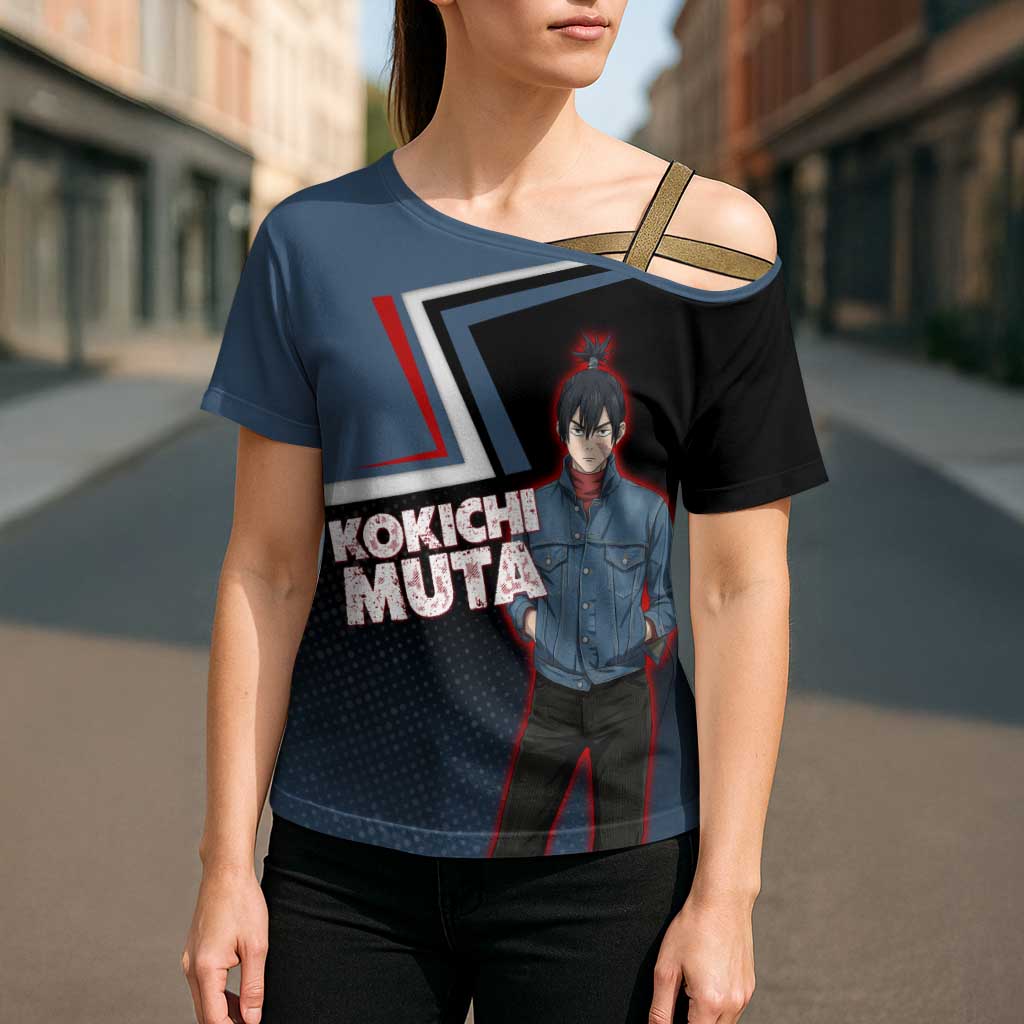 Kokichi Muta Cross Shoulder Shirt Bold Anime Graphic Style