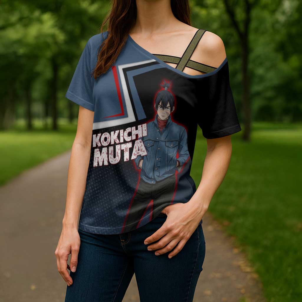 Kokichi Muta Cross Shoulder Shirt Bold Anime Graphic Style