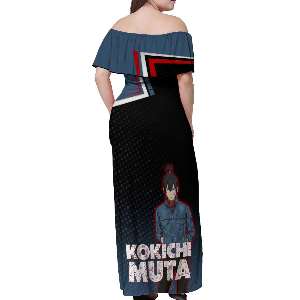 Kokichi Muta Off Shoulder Maxi Dress Bold Anime Graphic Style