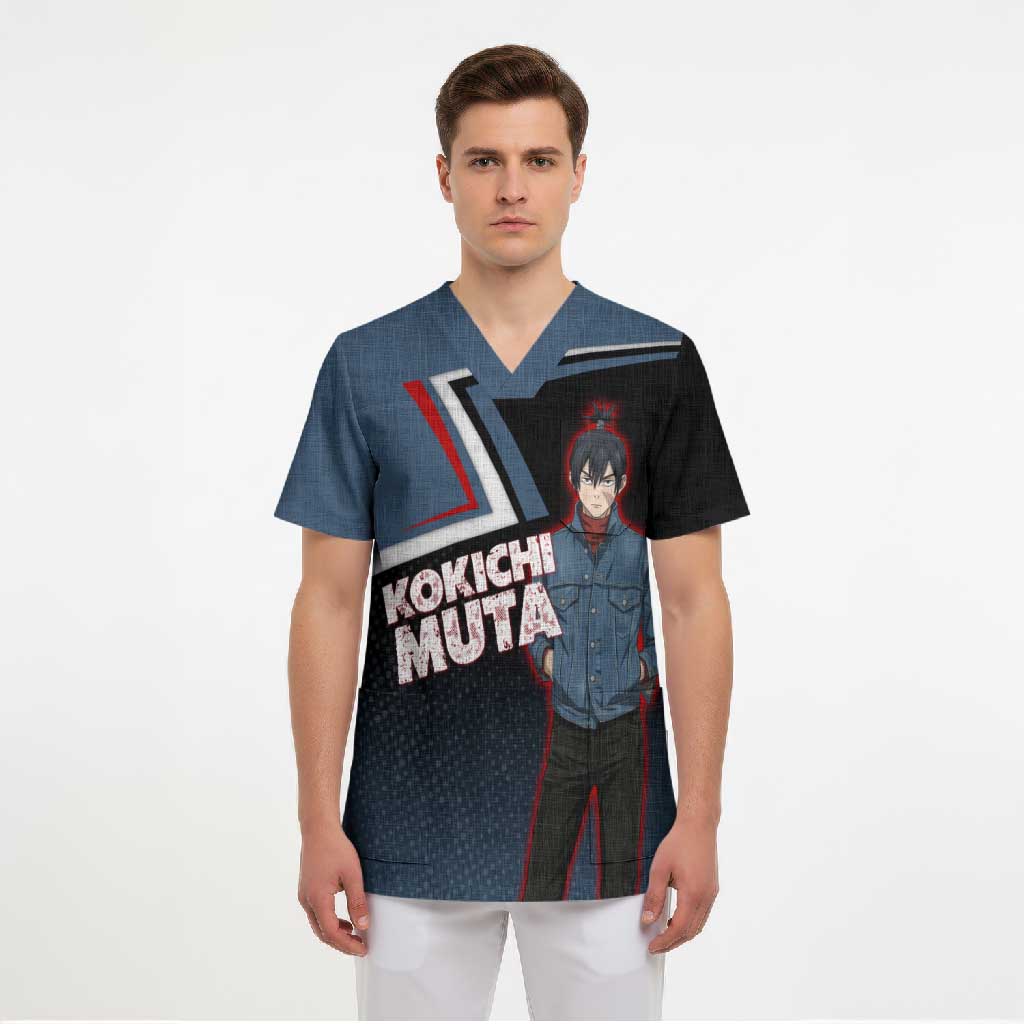 Kokichi Muta Scrub Top Bold Anime Graphic Style