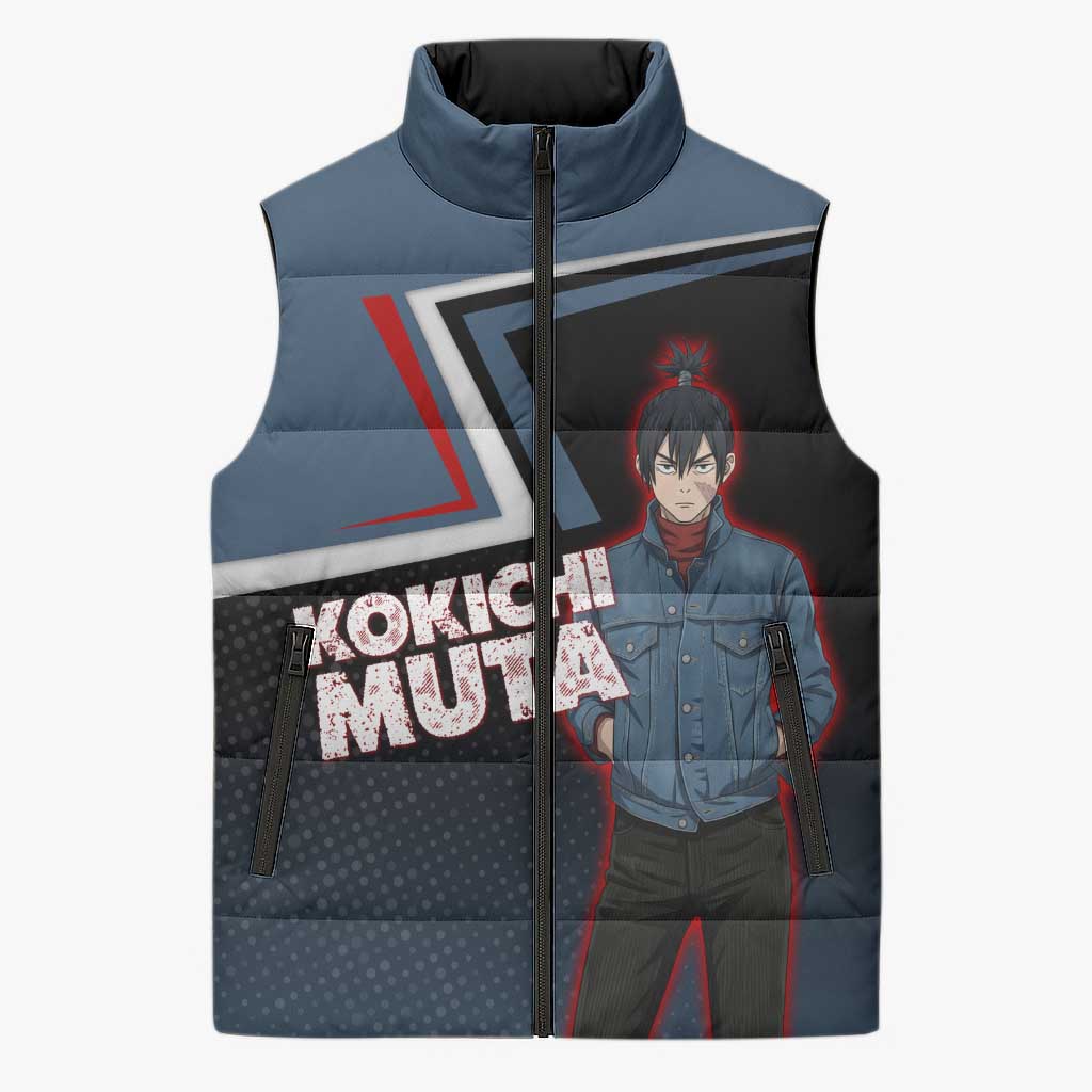 Kokichi Muta Sleeveless Puffer Jacket Bold Anime Graphic Style