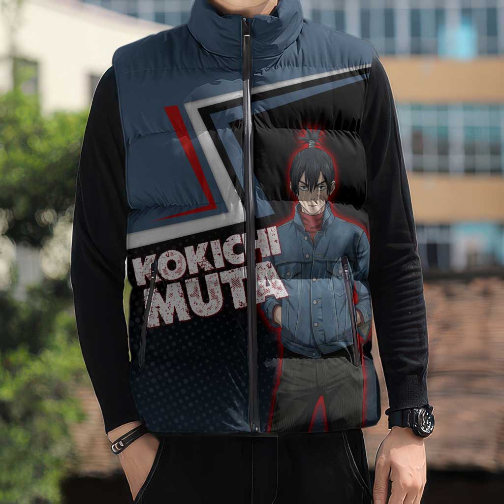Kokichi Muta Sleeveless Puffer Jacket Bold Anime Graphic Style