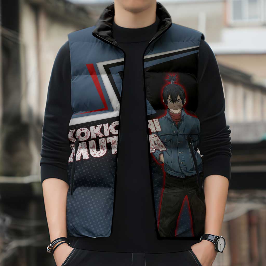 Kokichi Muta Sleeveless Puffer Jacket Bold Anime Graphic Style