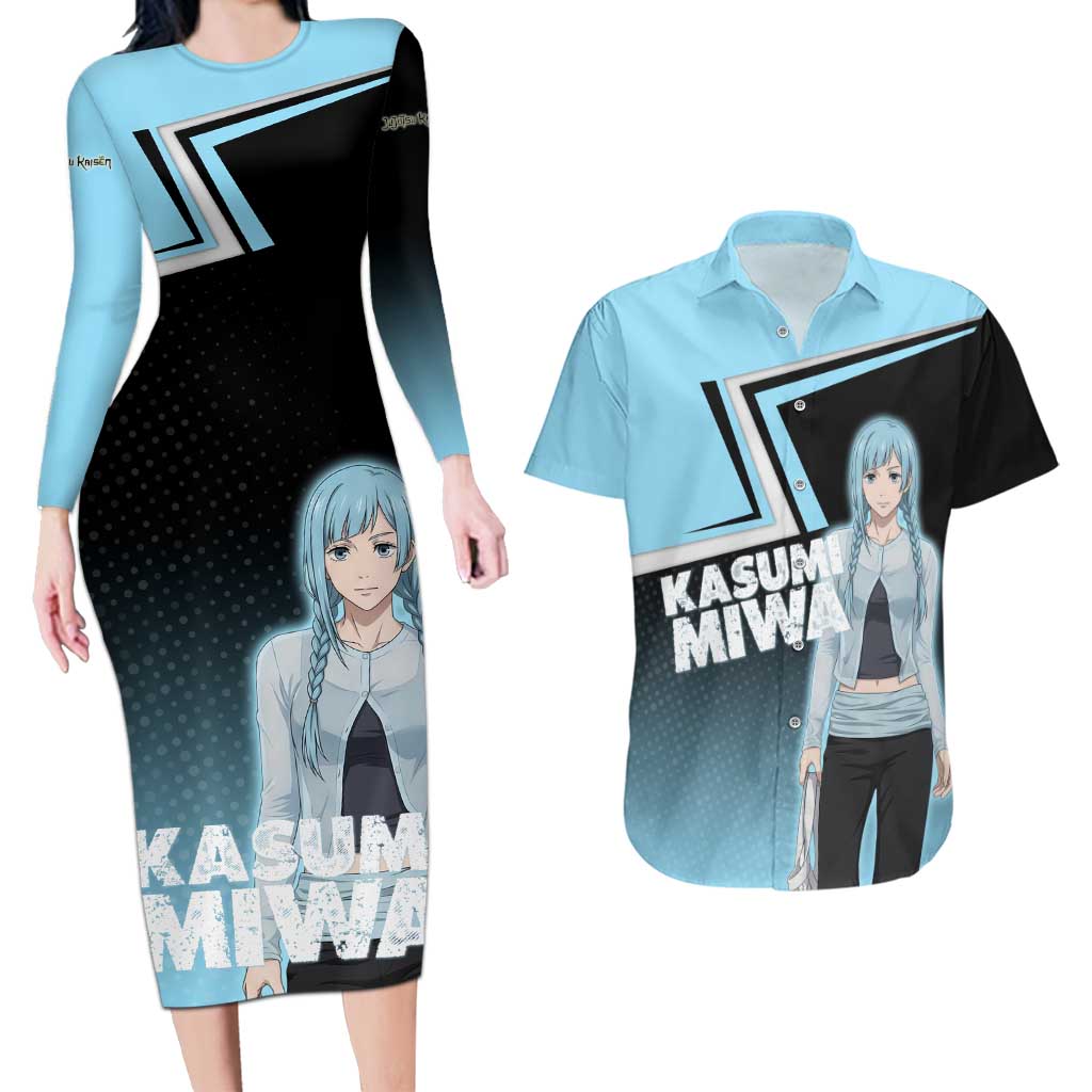 Kasumi Miwa Couples Matching Long Sleeve Bodycon Dress and Hawaiian Shirt Blue Gradient Anime Style