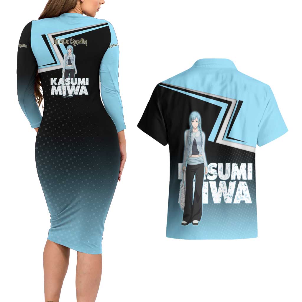 Kasumi Miwa Couples Matching Long Sleeve Bodycon Dress and Hawaiian Shirt Blue Gradient Anime Style