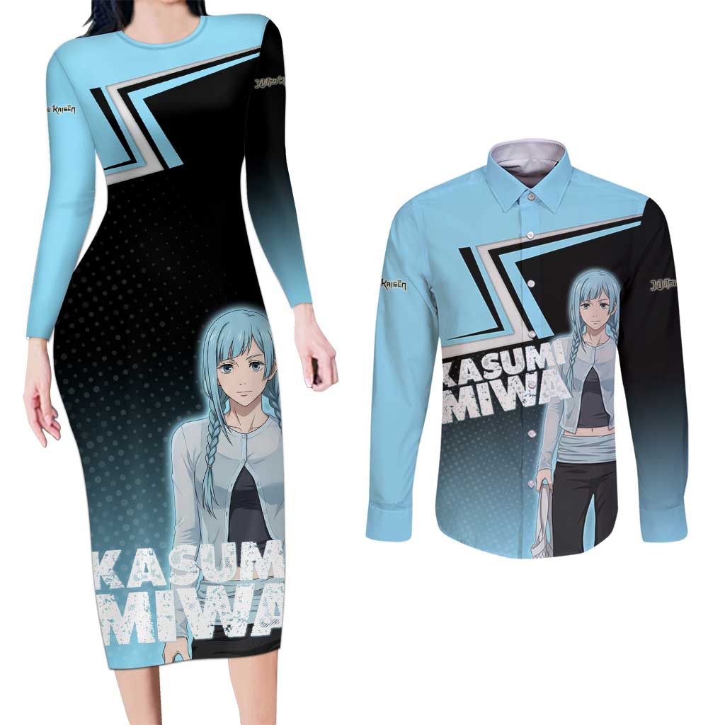 Kasumi Miwa Couples Matching Long Sleeve Bodycon Dress and Long Sleeve Button Shirt Blue Gradient Anime Style
