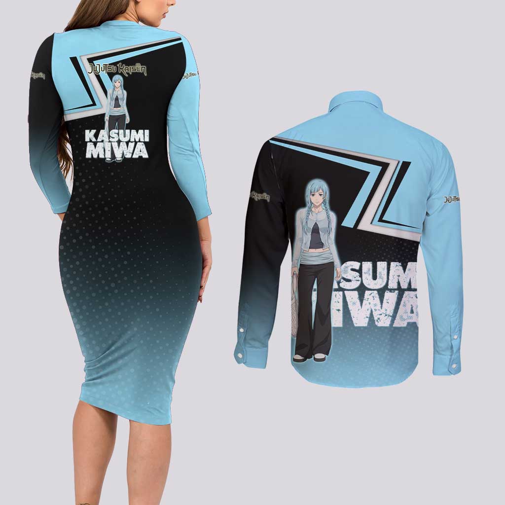 Kasumi Miwa Couples Matching Long Sleeve Bodycon Dress and Long Sleeve Button Shirt Blue Gradient Anime Style