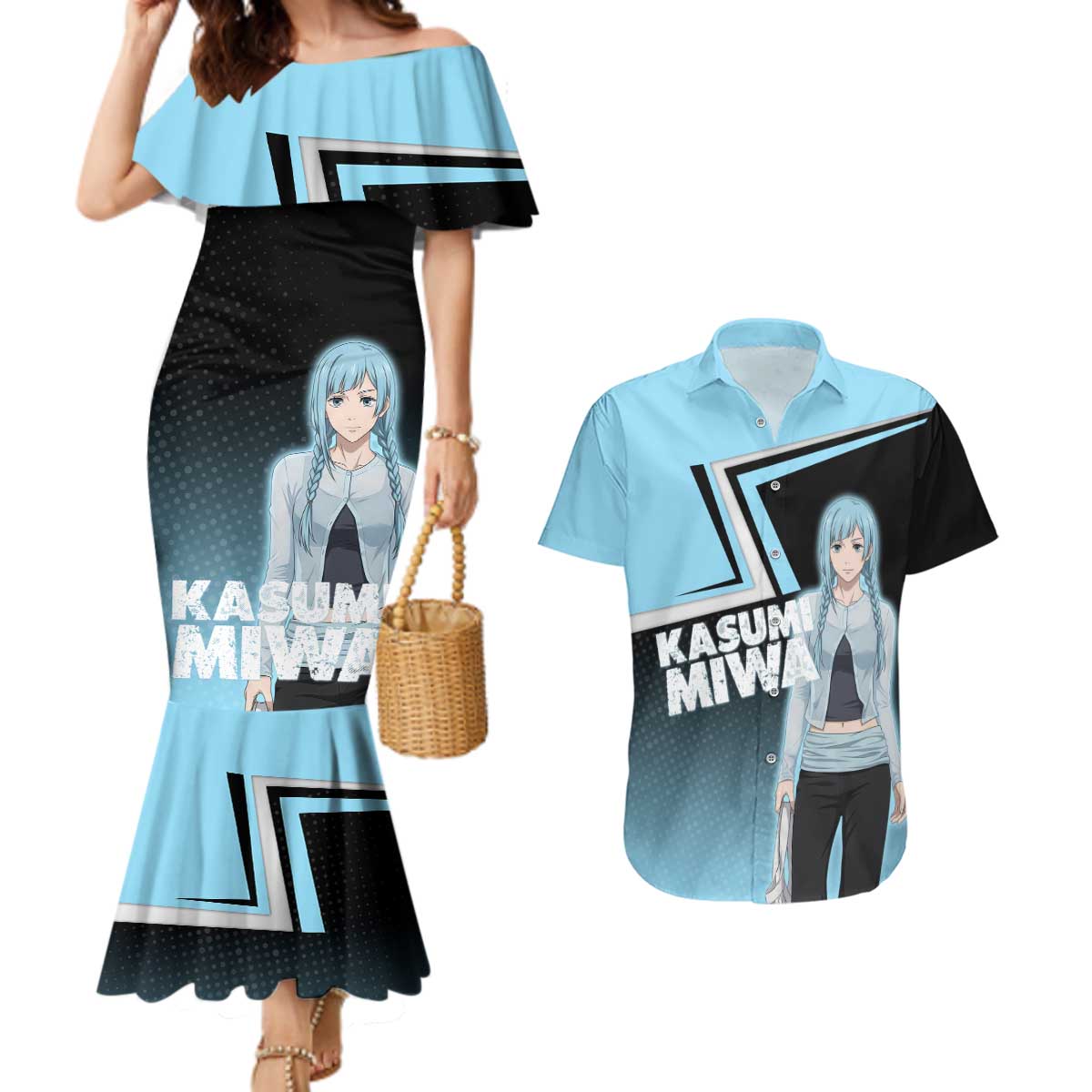 Kasumi Miwa Couples Matching Mermaid Dress and Hawaiian Shirt Blue Gradient Anime Style