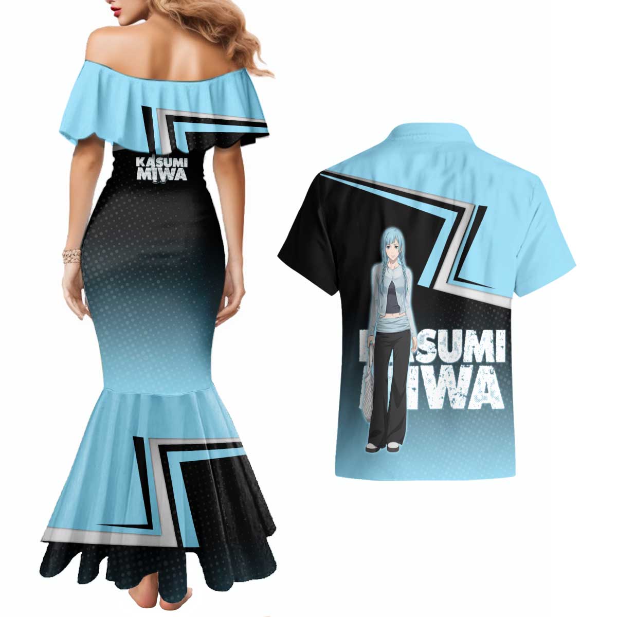 Kasumi Miwa Couples Matching Mermaid Dress and Hawaiian Shirt Blue Gradient Anime Style