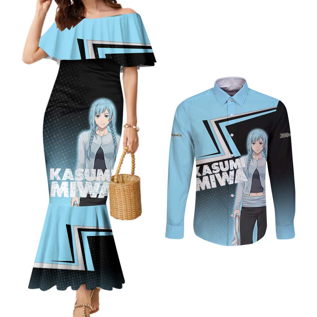Kasumi Miwa Couples Matching Mermaid Dress and Long Sleeve Button Shirt Blue Gradient Anime Style