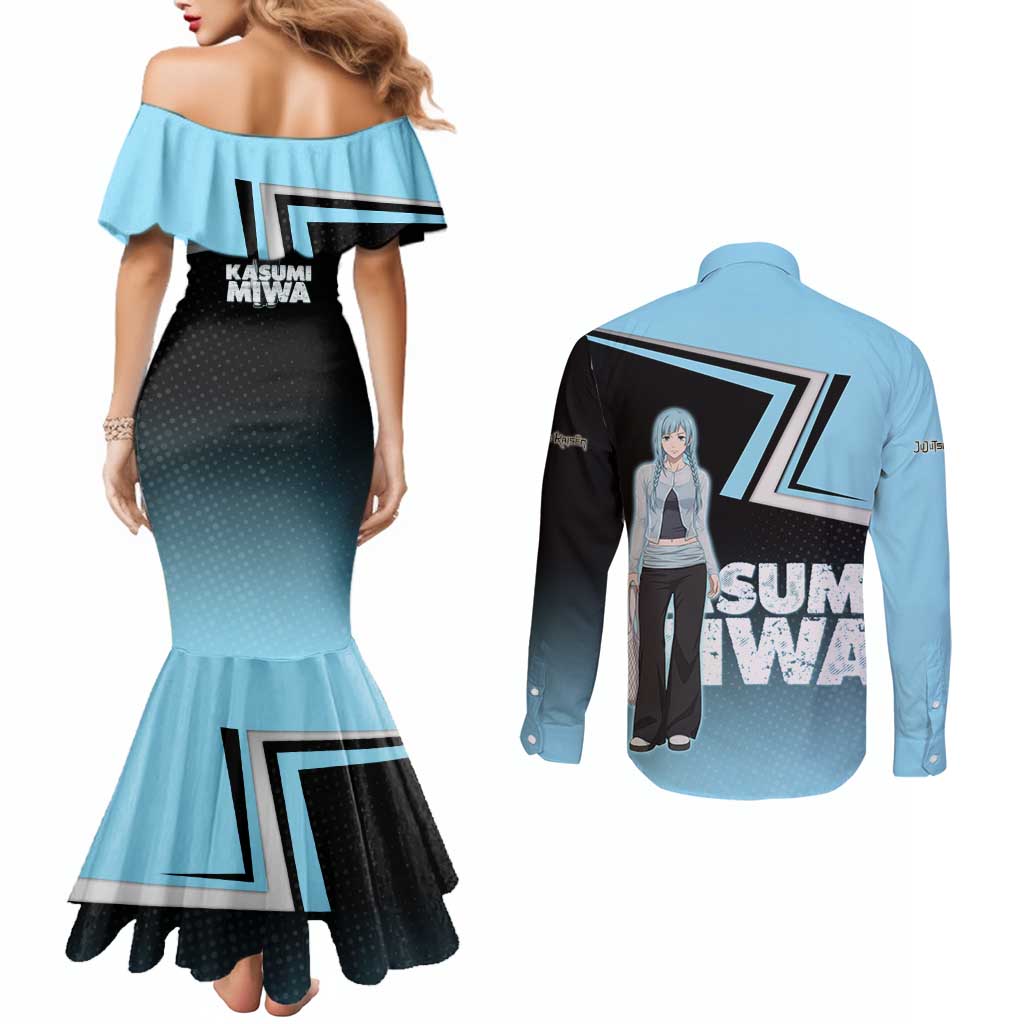 Kasumi Miwa Couples Matching Mermaid Dress and Long Sleeve Button Shirt Blue Gradient Anime Style
