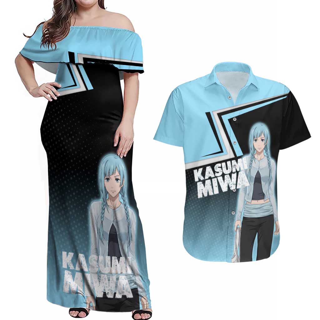 Kasumi Miwa Couples Matching Off Shoulder Maxi Dress and Hawaiian Shirt Blue Gradient Anime Style