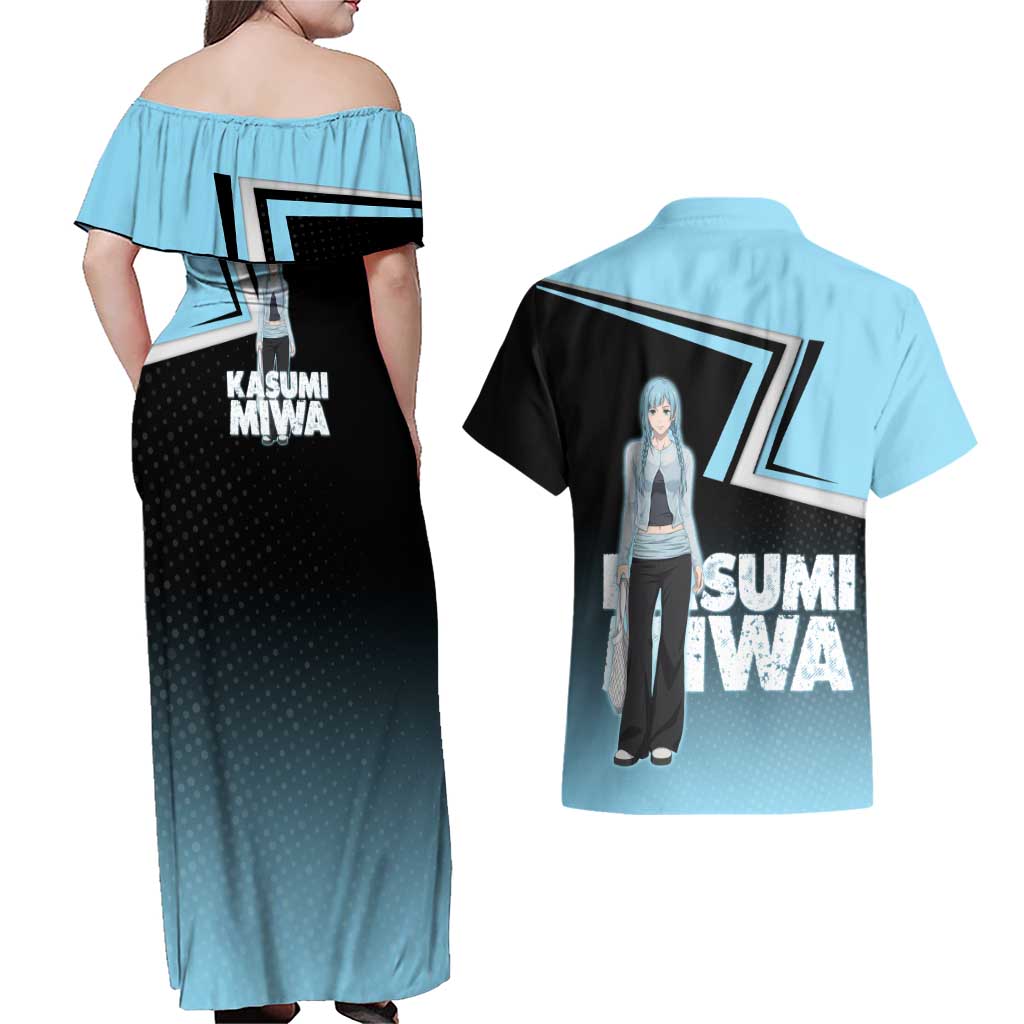 Kasumi Miwa Couples Matching Off Shoulder Maxi Dress and Hawaiian Shirt Blue Gradient Anime Style