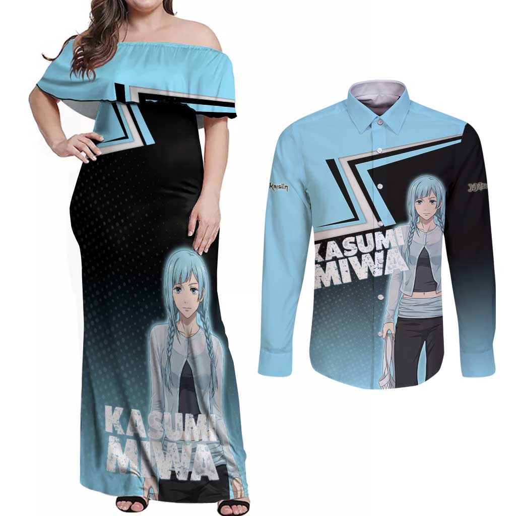 Kasumi Miwa Couples Matching Off Shoulder Maxi Dress and Long Sleeve Button Shirt Blue Gradient Anime Style