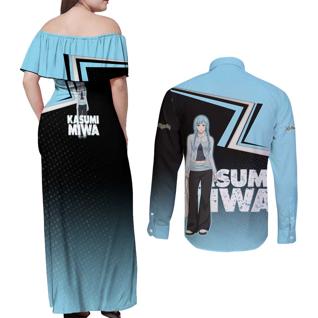 Kasumi Miwa Couples Matching Off Shoulder Maxi Dress and Long Sleeve Button Shirt Blue Gradient Anime Style