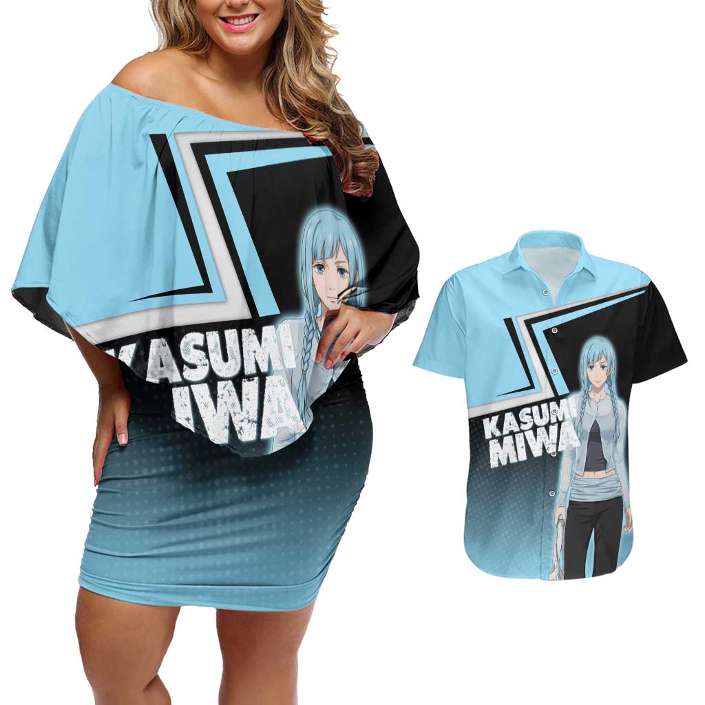 Kasumi Miwa Couples Matching Off Shoulder Short Dress and Hawaiian Shirt Blue Gradient Anime Style