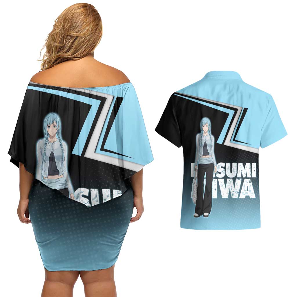 Kasumi Miwa Couples Matching Off Shoulder Short Dress and Hawaiian Shirt Blue Gradient Anime Style