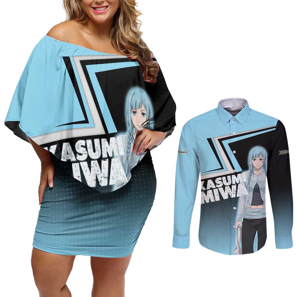 Kasumi Miwa Couples Matching Off Shoulder Short Dress and Long Sleeve Button Shirt Blue Gradient Anime Style