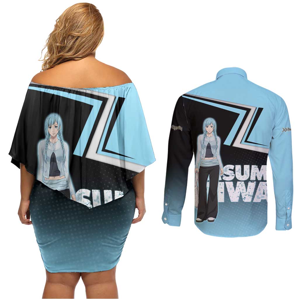 Kasumi Miwa Couples Matching Off Shoulder Short Dress and Long Sleeve Button Shirt Blue Gradient Anime Style