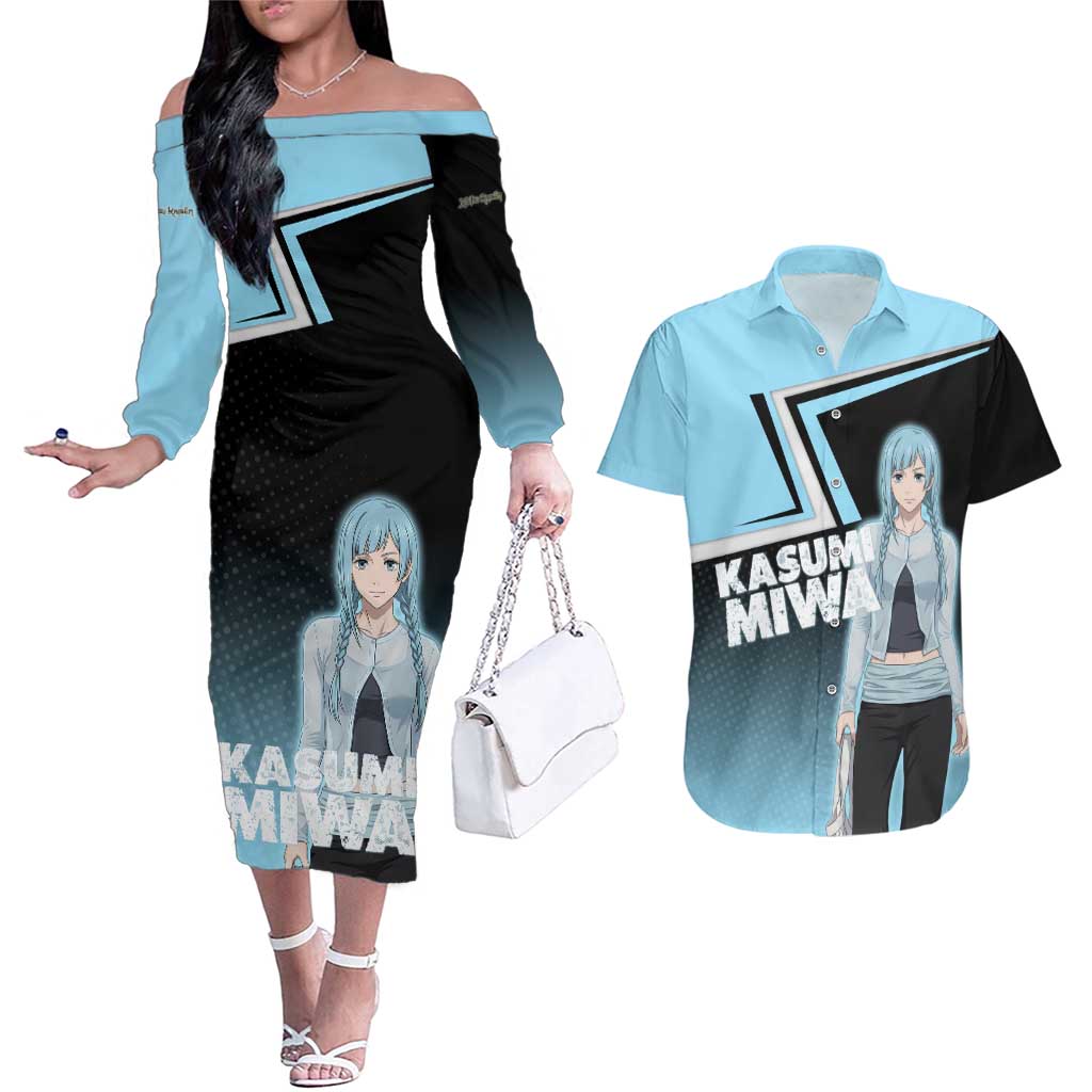 Kasumi Miwa Couples Matching Off The Shoulder Long Sleeve Dress and Hawaiian Shirt Blue Gradient Anime Style