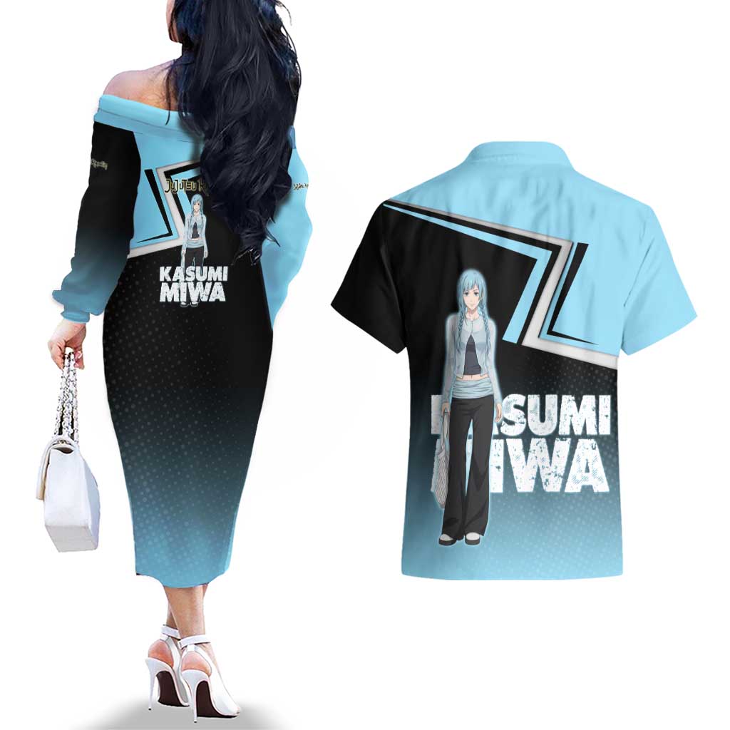 Kasumi Miwa Couples Matching Off The Shoulder Long Sleeve Dress and Hawaiian Shirt Blue Gradient Anime Style