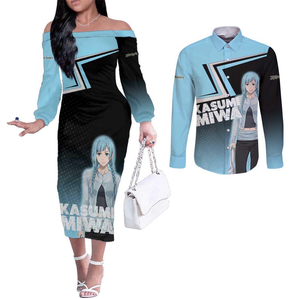 Kasumi Miwa Couples Matching Off The Shoulder Long Sleeve Dress and Long Sleeve Button Shirt Blue Gradient Anime Style