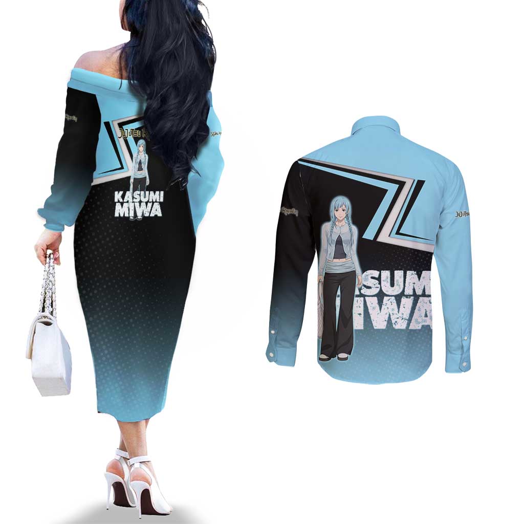 Kasumi Miwa Couples Matching Off The Shoulder Long Sleeve Dress and Long Sleeve Button Shirt Blue Gradient Anime Style